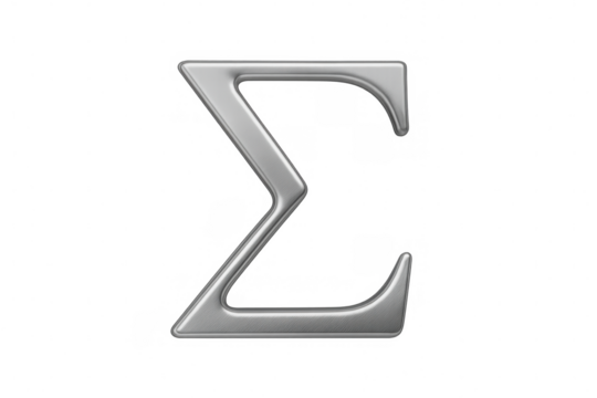 Sigma symbol, a greek letter, appearing in shiny silver metallic style. Showing concepts of summation, math, and science