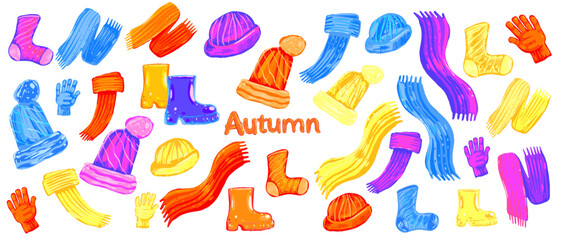 Vector illustration of autumn clothes set with scarves, hats, gloves, and boots. Hand drawn warm accessories collection isolated on white background.