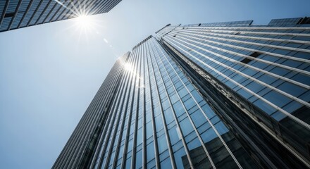 Modern glass skyscraper against blue sky with sun shining through the building