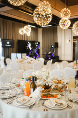Festive table with various dishes, salads, meat and fish, table setting with flowers in a vase.