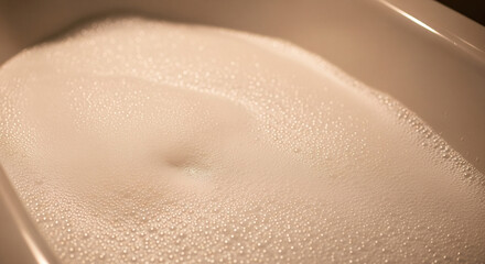 Obraz premium Close-up of rich white soap foam filling a bathtub. A detailed, high-angle close-up photograph capturing the surface of dense, luxurious white soap bubbles filling a white porcelain or acrylic bathtub