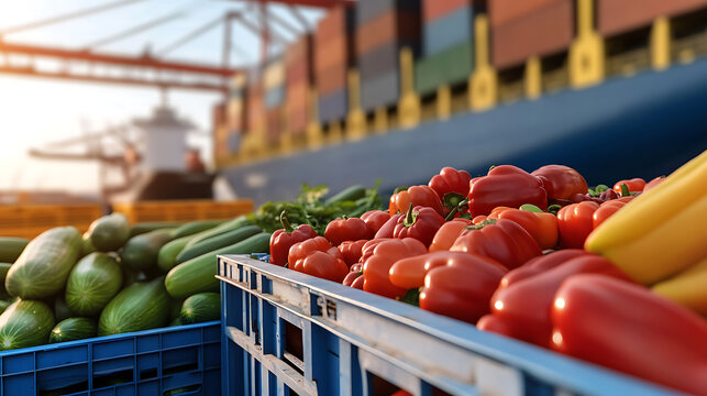 Fresh produce at port awaiting shipment. Colorful bell peppers, cucumbers, and bananas sit in crates, poised for global delivery. A vibrant harvest ready for trade. - Powered by Adobe