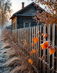Rustic wooden house beside frost-covered fence in autumn morning  