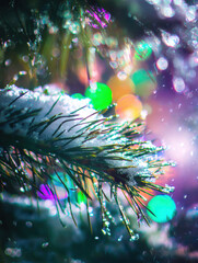 Fototapeta premium Frosty Pine Branch in Winter with Snowflakes and Blue Bokeh, Christmas Nature Macro, Festive Holiday Background, Cold Season Close-Up