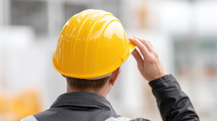 Construction worker wearing yellow safety helmet, protective gear, and reflective jacket at building site, ensuring workplace safety