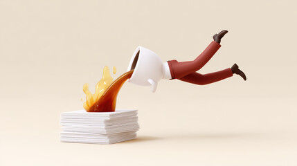 Employee spilling hot coffee on important document accident stress mistake workplace urgency cartoon humor office