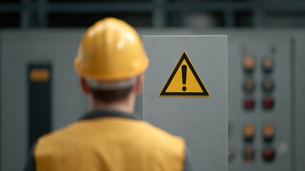 Worker wearing yellow safety helmet and vest stands in front of control panel with warning sign, industrial environment, caution required