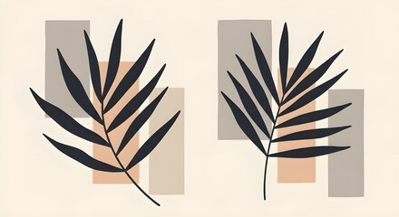 Palm Echoes on Soft Geometry. Two stylized black palm leaves poised against muted vertical blocks of beige, peach, and gray. A minimalist composition blending natural elegance with modern symmetry