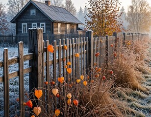 Rustic wooden house beside fence with autumn leaves at sunrise  