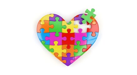 Colorful jigsaw puzzle heart with a missing piece on white background, symbolizing love, autism awareness, unity, and mental health connection.