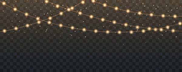 Christmas light garland with gold glitter, glowing lights for greeting card design, gold Christmas bright garlands on transparent background, new year light, led strips © dlyastokiv