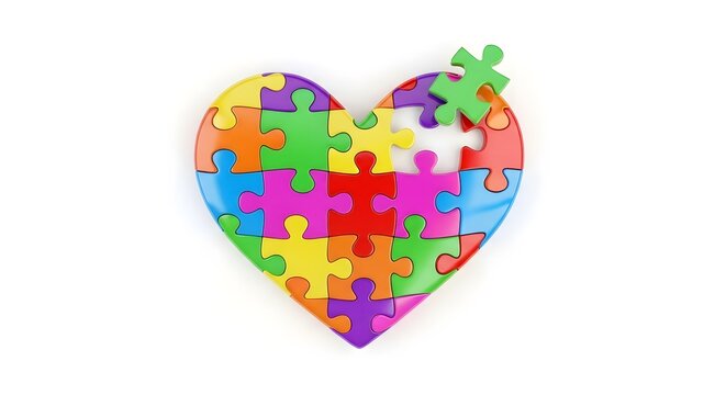 Colorful jigsaw puzzle heart with a missing piece on white background, symbolizing love, autism awareness, unity, and mental health connection.
 - Powered by Adobe