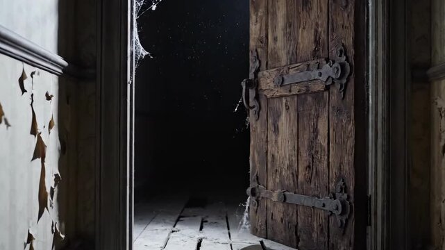 In a classic horror movie scene, a large, ancient door mysteriously and slowly creaks open without anyone touching it, building suspense and fear of the unknown.