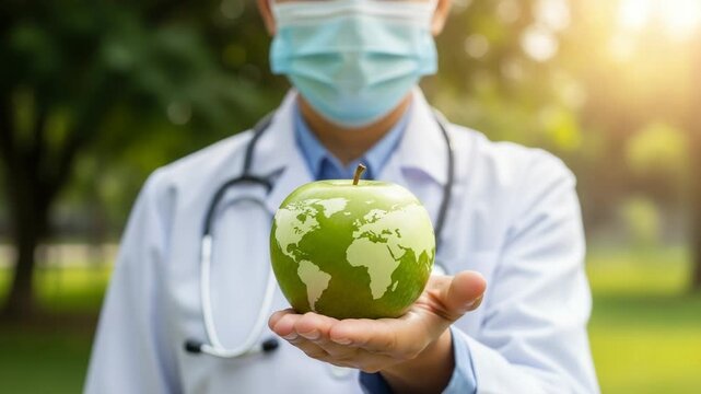 Doctor holding a green apple with world map on it
