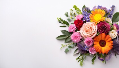 bright floral bouquet with a variety of colorful flowers and greenery arranged beautifully on a white background