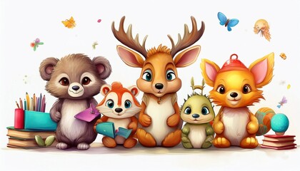 Naklejka premium cute animal characters with letters and props on white background