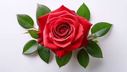 red rose with delicate petals and green leaves on a white background showcasing natural beauty and elegance