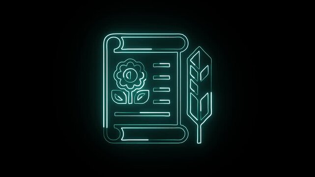 Glowing neon line poetry icon with subtle animation. Poetry animation HD video isolated on black background.