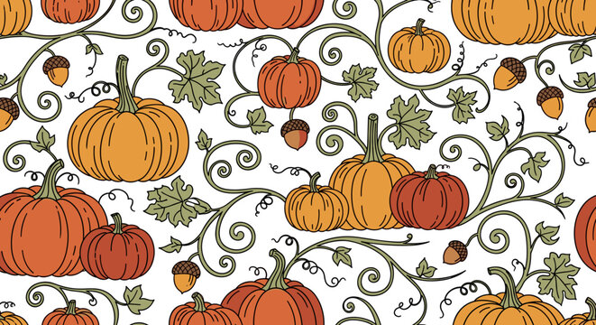 Pumpkin patch with swirling vines and acorns pattern in flat warm earthy tones with decorative and autumn mood, seamless vector illustration with clean black outlines and minimal white background