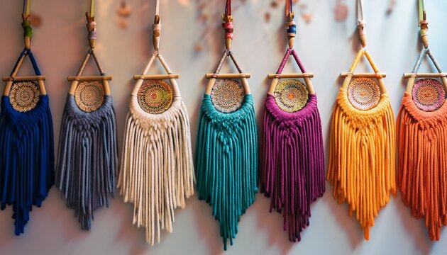 colorful wall hangings in vibrant shades with wooden details