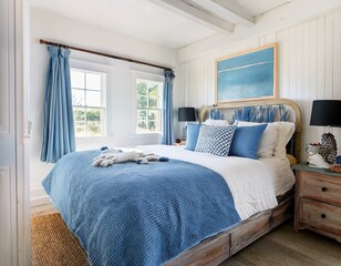 charming cape cod bedroom with white and blue color scheme wooden furniture and coastal decor