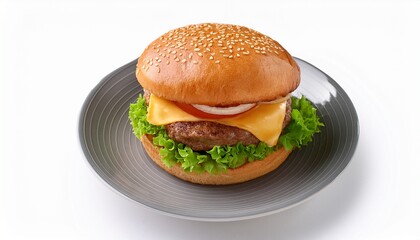delicious burger on a plate isolated on white background fresh tasty and appetizing cheeseburger tasty burger top view