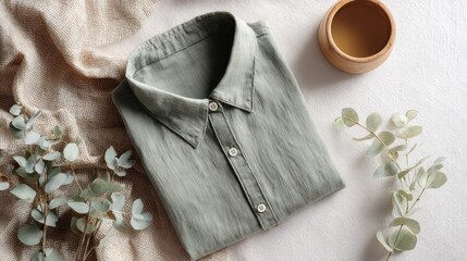 Sage green linen button-up shirt flat lay mockup