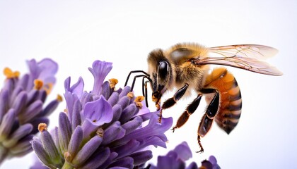 bee collecting nectar from a vibrant lavender flower against a white background