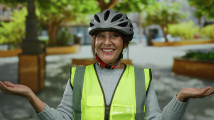 Happy senior hispanic woman in a bright vest and helmet at a park enjoying an outdoor exercise session with a warm smile, surrounded by lush greenery.