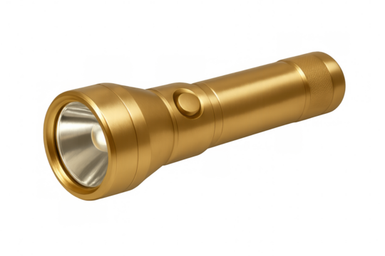 Golden metal flashlight, a portable light source for security or emergency, highlighting durable casing and power button