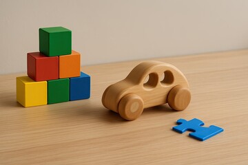 wooden toy car with colorful blocks, modern nursery featuring playful wooden car and vibrant blocks