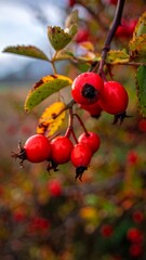 Close-up of vibrant red berries and foliage on a fall-toned branch