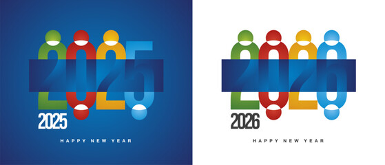 New Year 2026 connecting people. Modern abstract design of people at the table. Colorful negative space 2025 and positive space 2026 number template on black blue background