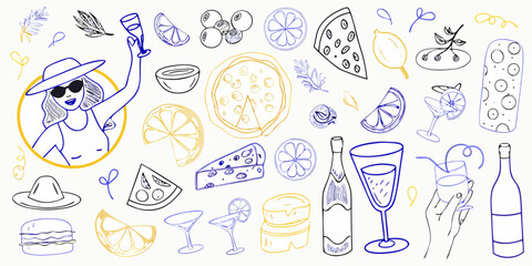 Whimsical hand drawn illustration of a woman celebrating with food and drinks in a playful summer style
