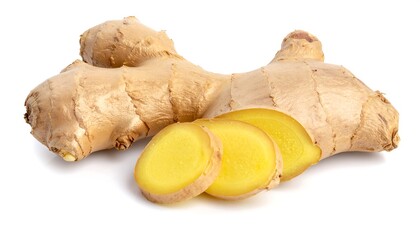 Fresh ginger root with slices isolated on white background.