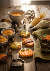 Cozy Fall Cookie Decorating, Rustic Kitchen Table with Autumn-Themed Sugar Cookies, Cinnamon and Icing Bowls, Perfect for Food Blogs, Social Media Content, Marketing Campaigns, Seasonal Recipes