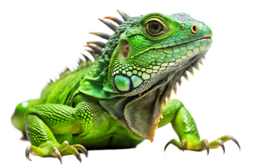 Green iguana isolated on transparent background, close up shot