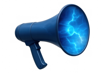 Megaphone with powerful evolving electric lightning in blue, symbolizing strong voice and urgent announcement