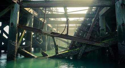 Golden Sunbeams Pierce Decaying Wooden Pier Over Murky Green Water, Creating Ethereal Light.