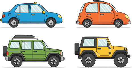 Four colorful cartoon cars including a sedan suv off-road and hatchback on flat design vector illustration isolated on transparent background © mrvect02