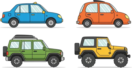Fototapete Rund Cartoon Auto Four colorful cartoon cars including a sedan suv off-road and hatchback on flat design vector illustration isolated on transparent background  © mrvect02