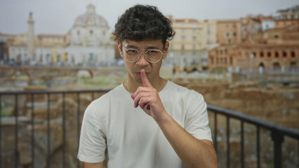 Man wearing glasses with finger to lips for silence amid sunlit ancient roman ruins building; quiet...