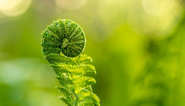 A tightly coiled fern frond in bright light, with a blurred green background