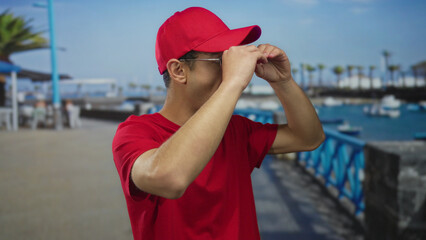 Young man wearing red cap looks through binocular gesture with hands on street; curiosity...