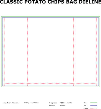 Classic Potato Chips Bag Dieline Template &mdash; Snack Packaging Layout for Foil Pouch Design