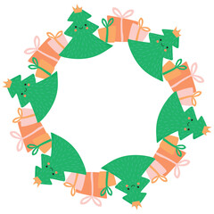 Christmas trees frame with gift boxes. Round shape border with cartoon objects on white background. Green, pink, yellow and red colors. Hand drawn poster template. Festive design for winter holidays.