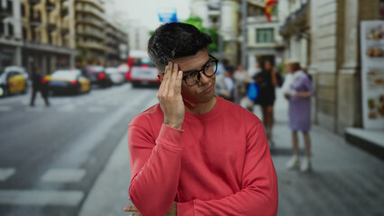 Young hispanic man in glasses in urban street wearing red sweatshirt during daylight, with a...