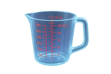 Clear plastic measuring cup showing metric and imperial units for precise cooking and baking, transparent background