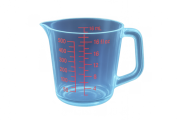 Clear plastic measuring cup showing metric and imperial units for precise cooking and baking, transparent background