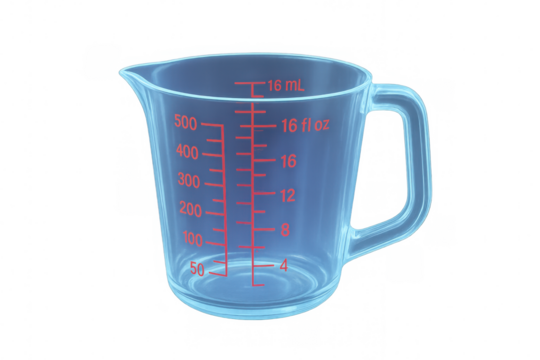 Clear plastic measuring cup showing metric and imperial units for precise cooking and baking, transparent background